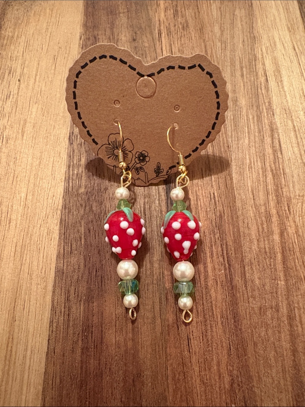 Handmade Gold-tone Strawberry Dangle Earrings with Pearls